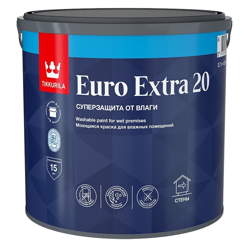 Tikkurila Euro Extra 20 Моющаяся краска для влажных помещений, полуматовая